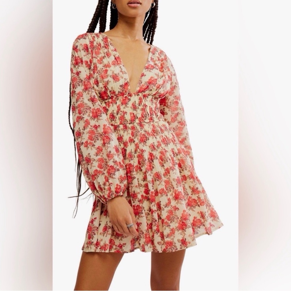 Free People Maive Long Sleeve Mauve ORANGE Floral Mini Dress Ruching NEW